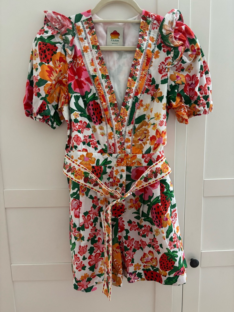 Farm Rio White Multi Strawberry Floral Vneck Belted Romper